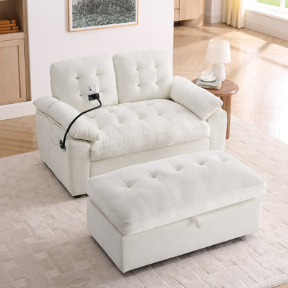 Leisure sofa chair,Double sofa recliner, with manually adjustable backrest, soft padded armrests, side USB charging port and phone stand, comes with a matching storage ottoman-Beige image 3