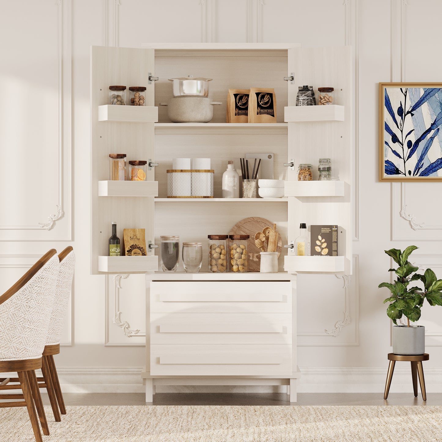70" Kitchen Pantry Cabinet with 2 Cabinet Shelves,Luxurious Wooden Cupboard with 6 Door Shelves and 3 Drawers for Kitchen, Dining Room,White image 8