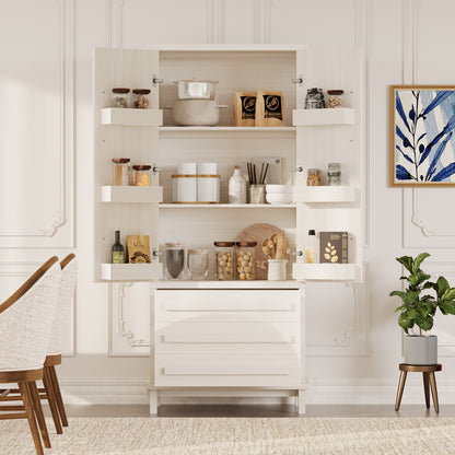 70" Kitchen Pantry Cabinet with 2 Cabinet Shelves,Luxurious Wooden Cupboard with 6 Door Shelves and 3 Drawers for Kitchen, Dining Room,White image 8