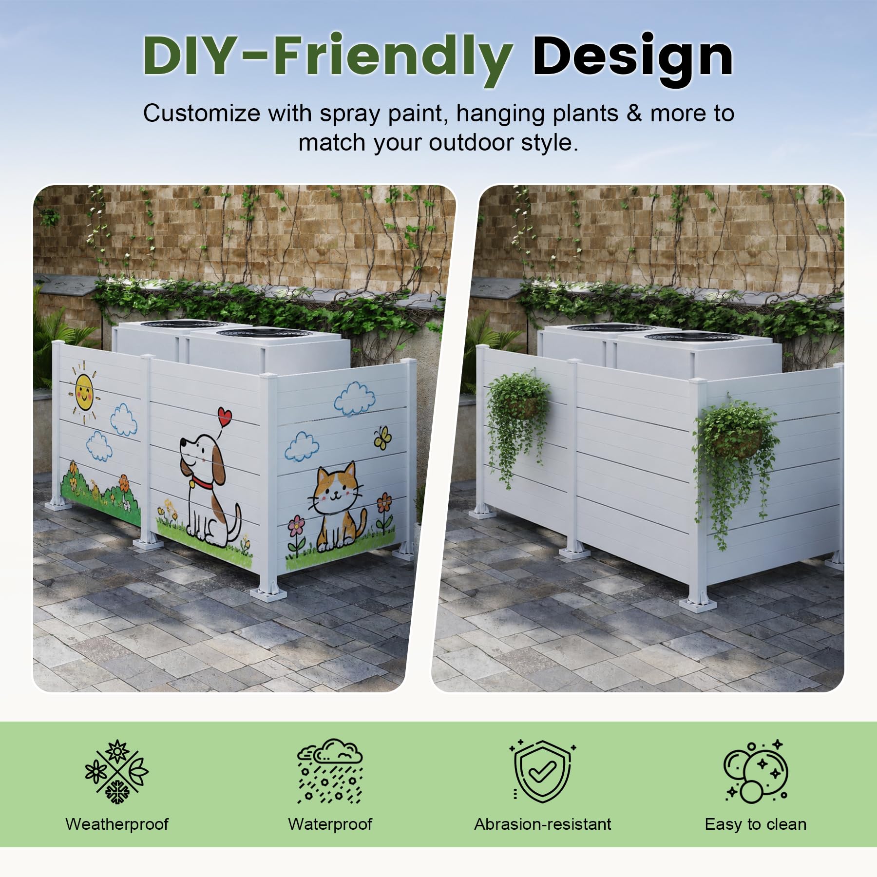 50" W x 49" H Outdoor Privacy Screen, Air Conditioner Fence, All-Weather Vinyl Privacy Fence Screens with Aluminum Posts, 3 Panels, White image 6