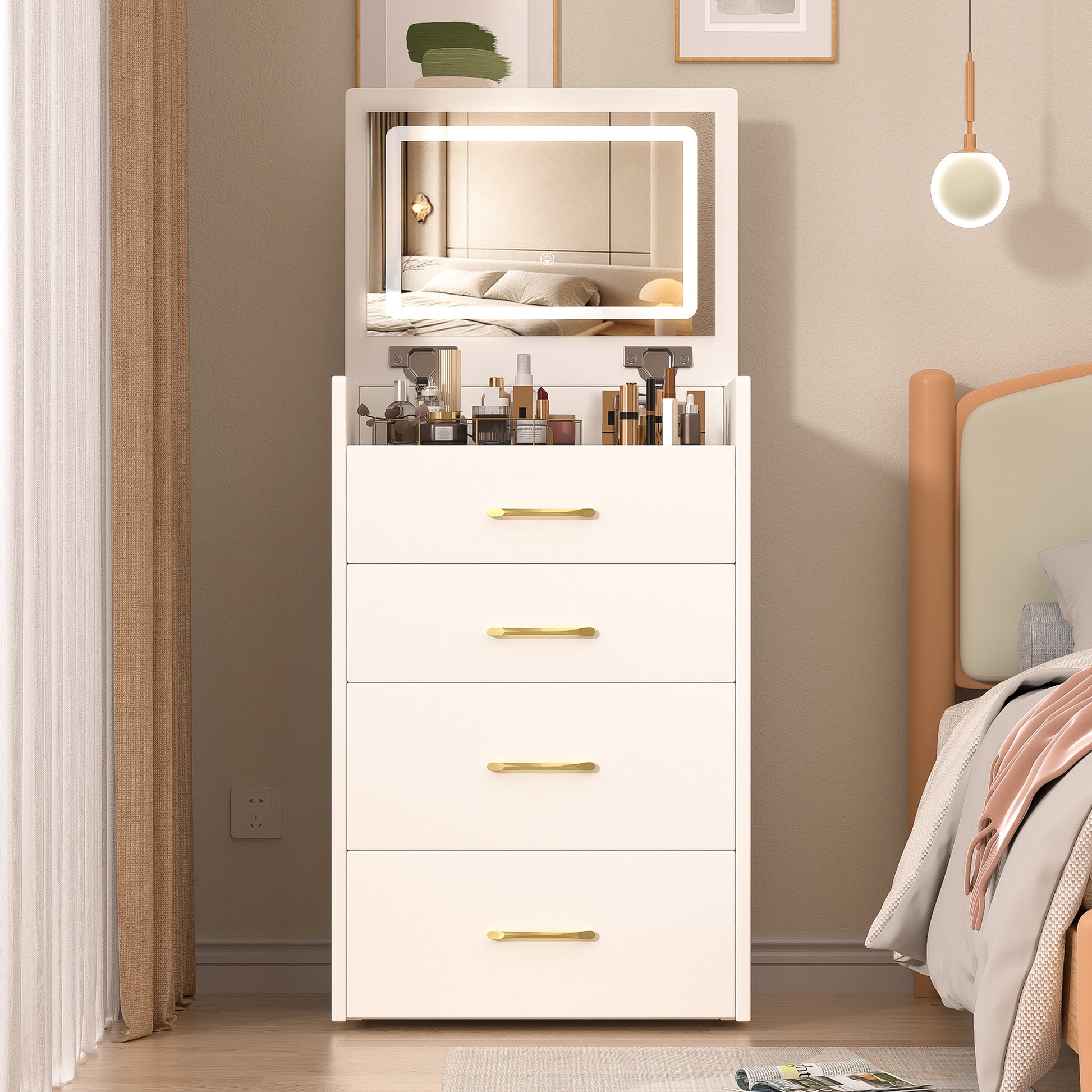 3 in 1 Vanity Desk with open Top Mirror,Small Make Up Vanity Set with Visible Glass Desktop,Compact Makeup Vanity with 3 Drawers,Dressing Table for Bedroom image 2