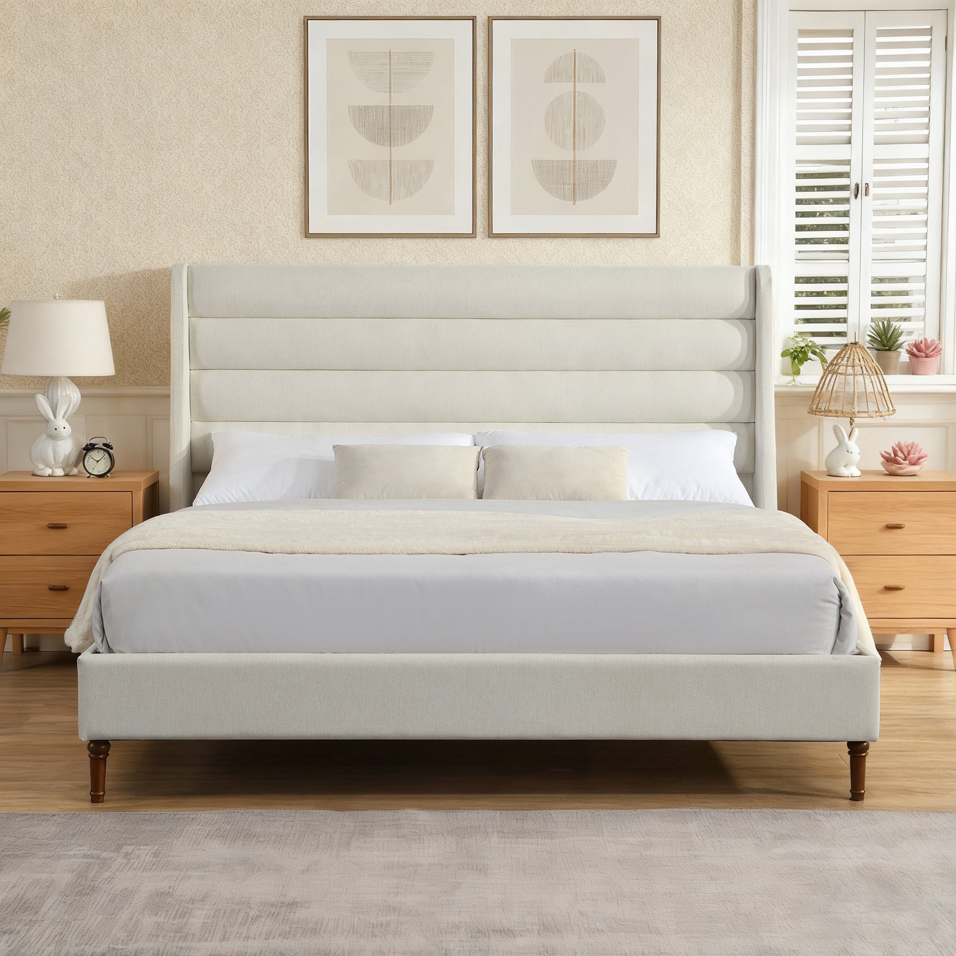King Size Bed Frame High Headboard Upholstered Platform Bed with Wave - Shaped Headboard, Premium Chenille Fabric, Modern Minimalist Platform Bed No Box Spring Needed, Easy Assembly, Ivory image 7