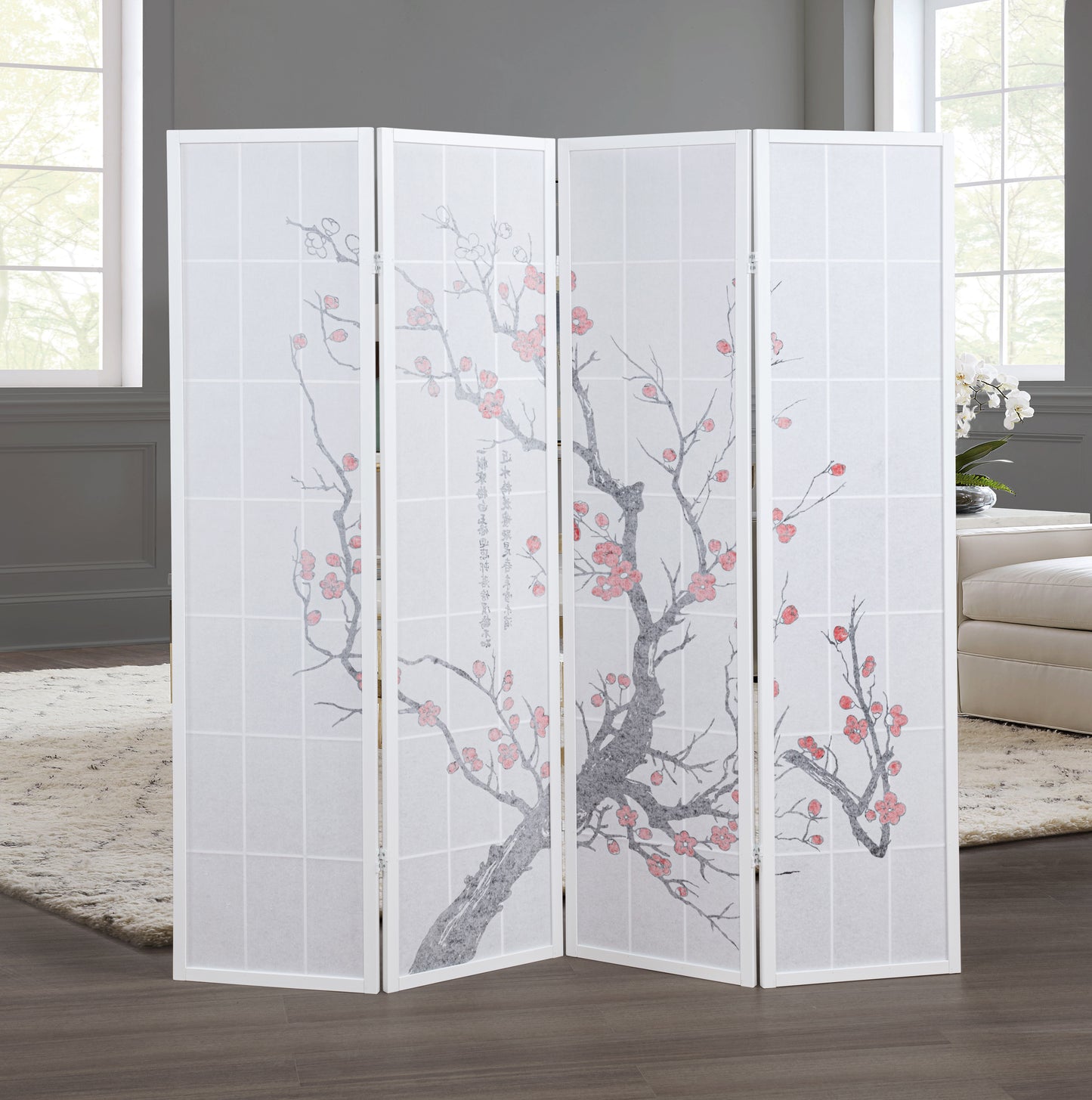 Elandra 4-Panel Room Divider, Light-Filtering Non-Woven Fabric Panels, Plum Blossom Print, Foldable Freestanding Privacy Screen, White image 2