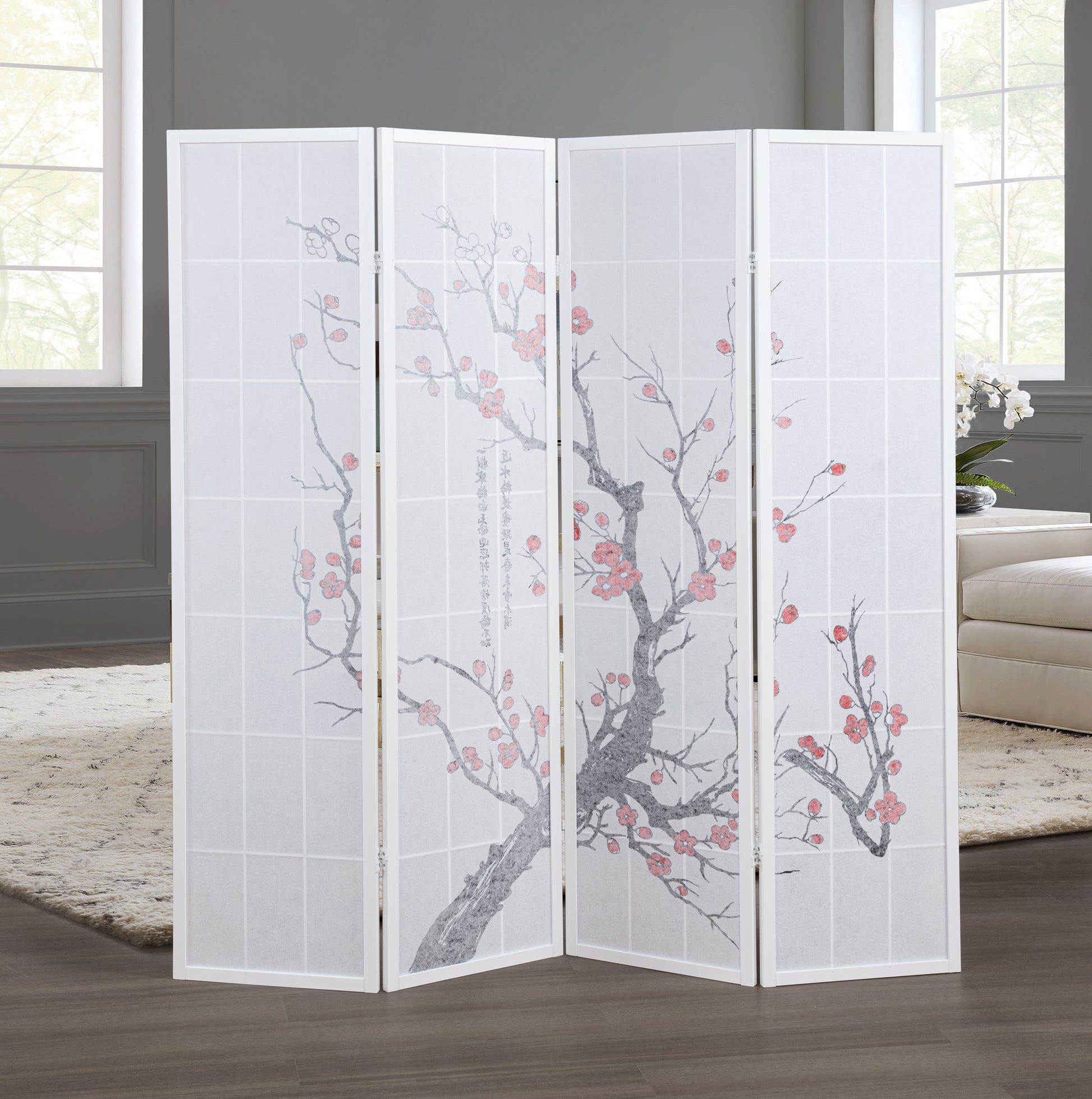 Elandra 4-Panel Room Divider, Light-Filtering Non-Woven Fabric Panels, Plum Blossom Print, Foldable Freestanding Privacy Screen, White image 2