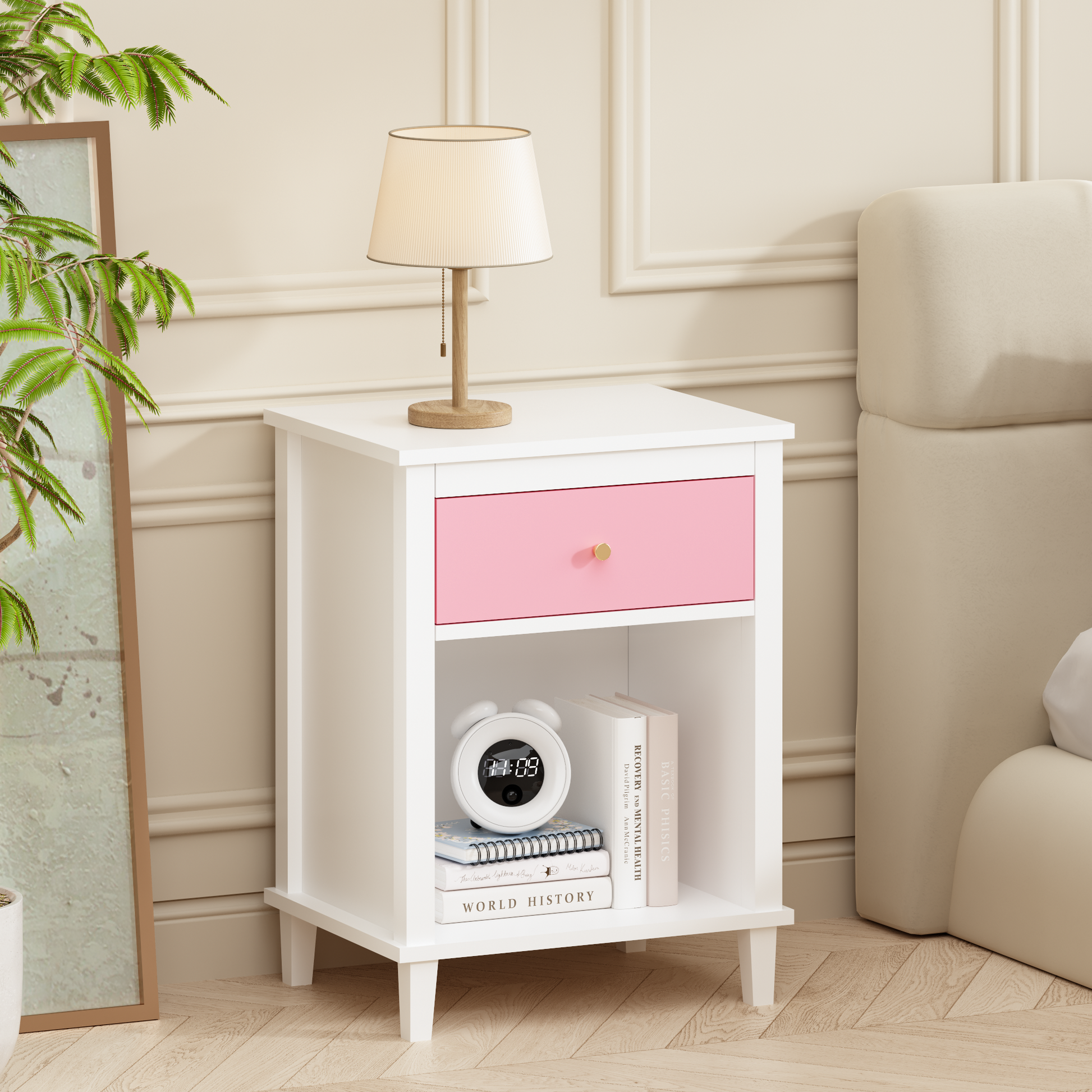 26.77''H Wooden Nightstand with One Drawer One Shelf for Kids, Adults, Pink+Golden handle image 12