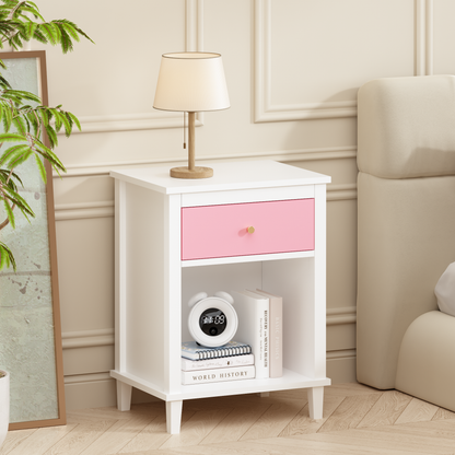 26.77''H Wooden Nightstand with One Drawer One Shelf for Kids, Adults, Pink+Golden handle image 12