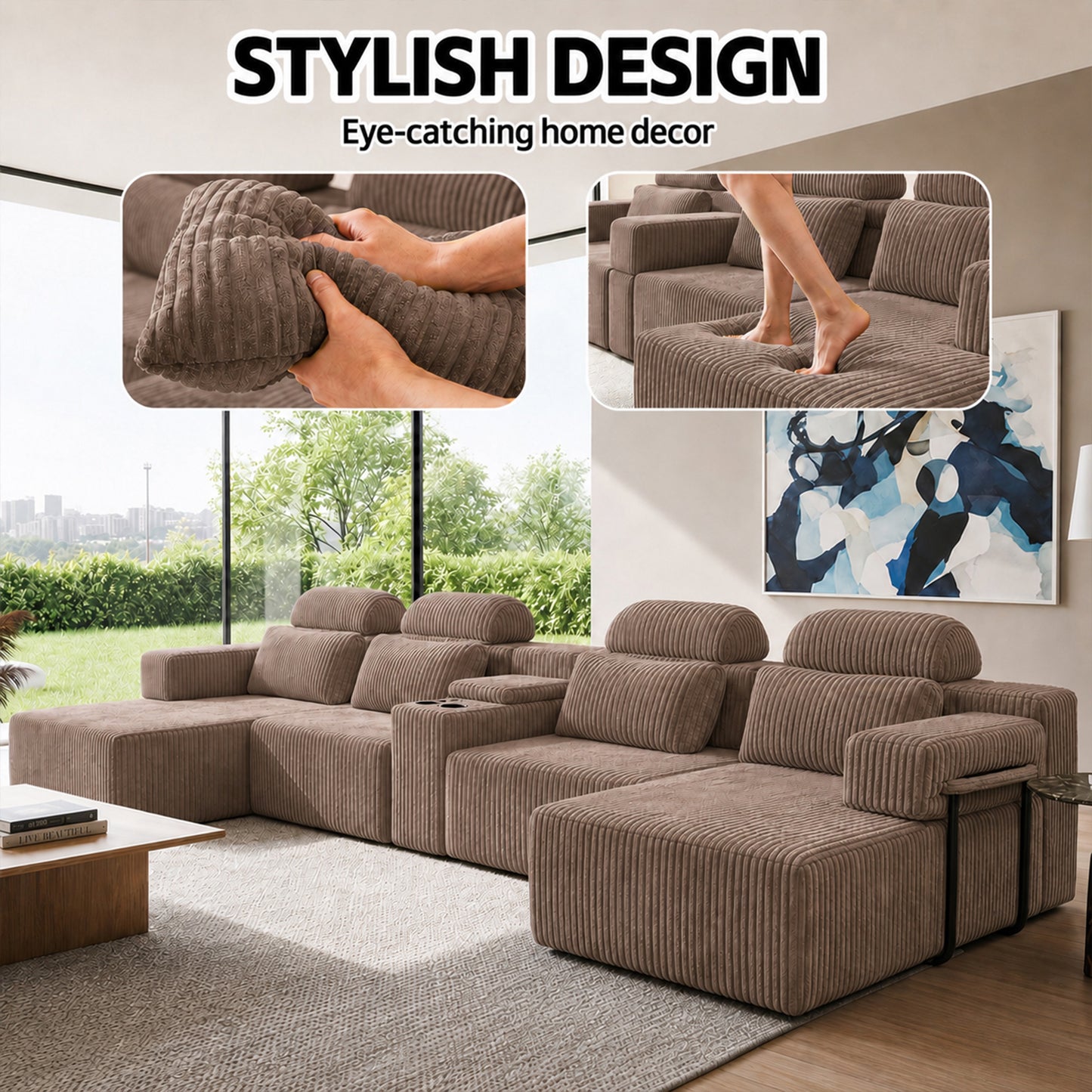 Modern coffee corduroy 6-seater U-shaped sofa with lounge chair and cup holder -145.7 inch oversized modular compression sofa, suitable for home theaters, luxury living spaces, tool free assembly image 6