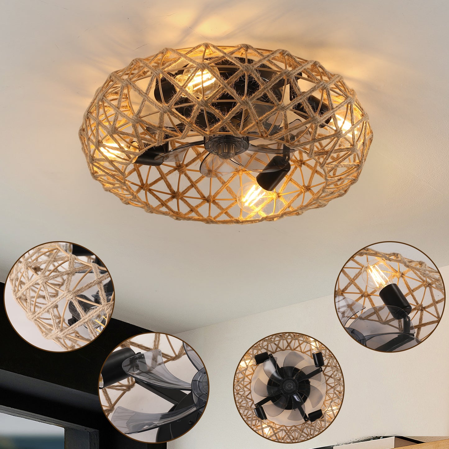 Ceiling-mounted Jute Rope Fan Light Strip with 4 Bulbs, Dimmable, 7 Dlades, Reversible DC Motor image 1