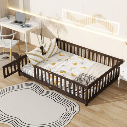 Full Size Floor Bed with Fence and Door,Rubber Wood Floor Bed with Safety Guardrails,Espresso (Old Sku W504P286381) image 1