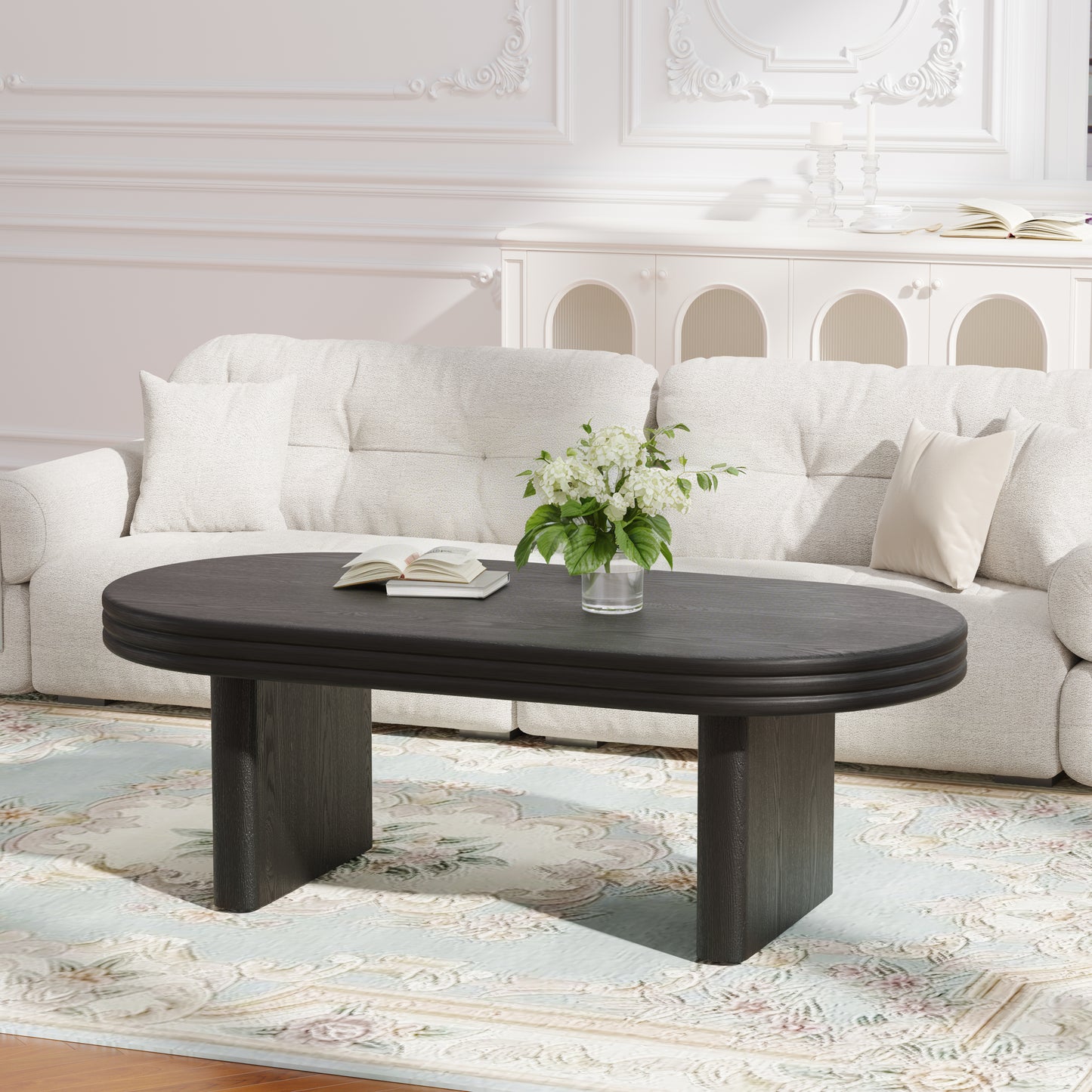 Mid Century Modern Oval Fluted Coffee Table, Farmhouse Wood Coffee Table, Cocktail Table, Center Table for Living Room, Office, Home Decor(Black, 23.62" D x 47.24" W x 16.34" H) image 4