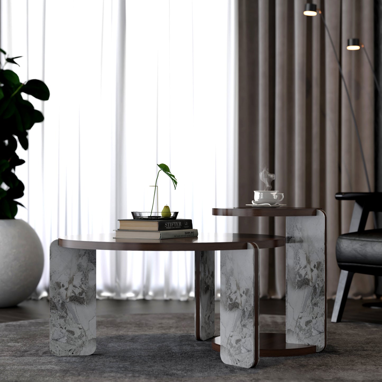 Modern Coffee Table with End Table Set, Durable walnut veneered MDF 83cm diameter Center Table with a 43cm diameter Side Table for Living Room, study room, strong and stable sintered stone legs/base image 4