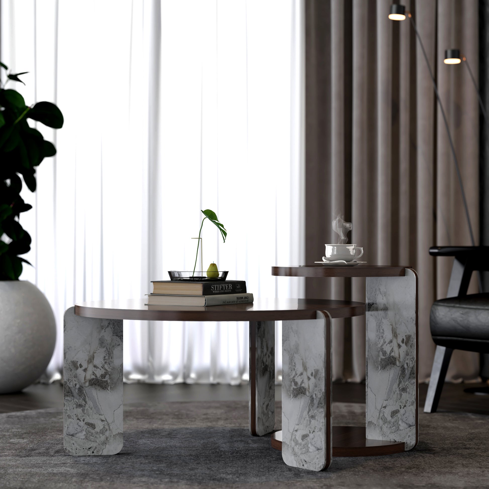 Modern Coffee Table with End Table Set, Durable walnut veneered MDF 83cm diameter Center Table with a 43cm diameter Side Table for Living Room, study room, strong and stable sintered stone legs/base image 4