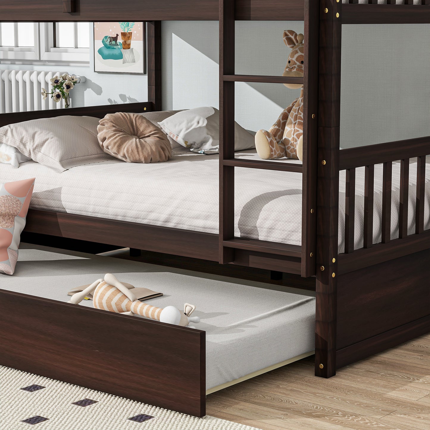 Full Over Full Rubber Wood Bunk Bed with Trundle, Ladder and Guardrails, Convertible to 2 Full Size Beds, with Twin Size Trundle,Espresso image 12