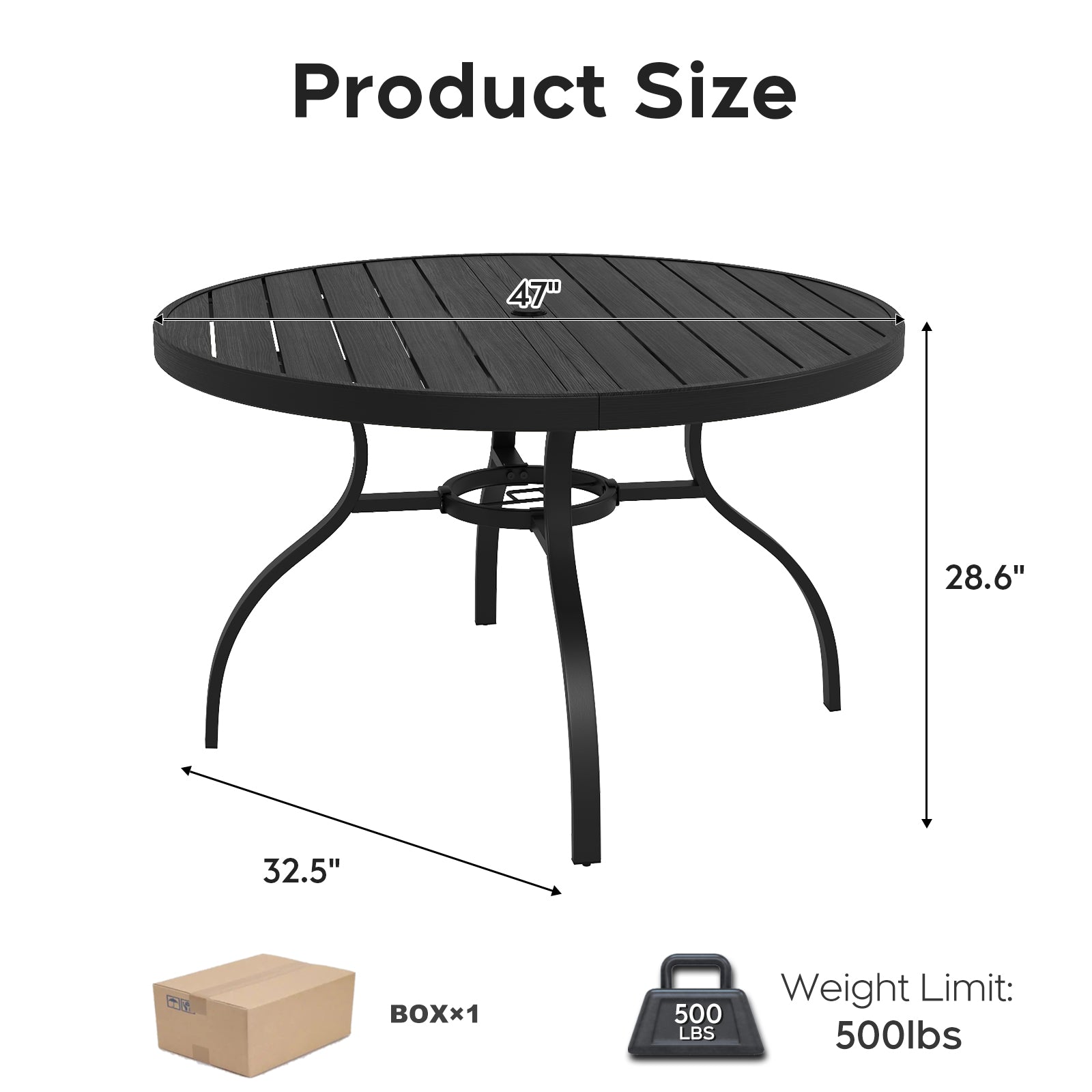 Round Faux Wood Slat Patio Table 47" with Umbrella Hole, Realistic Wood Grain Top + Matte Black High-Quality Iron Legs, Rust-Resistant Outdoor Dining Table for Garden Patio Balcony image 9