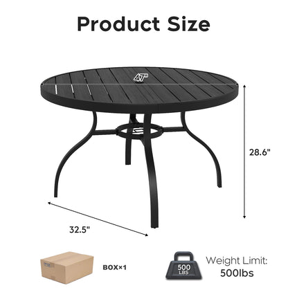 Round Faux Wood Slat Patio Table 47" with Umbrella Hole, Realistic Wood Grain Top + Matte Black High-Quality Iron Legs, Rust-Resistant Outdoor Dining Table for Garden Patio Balcony image 9