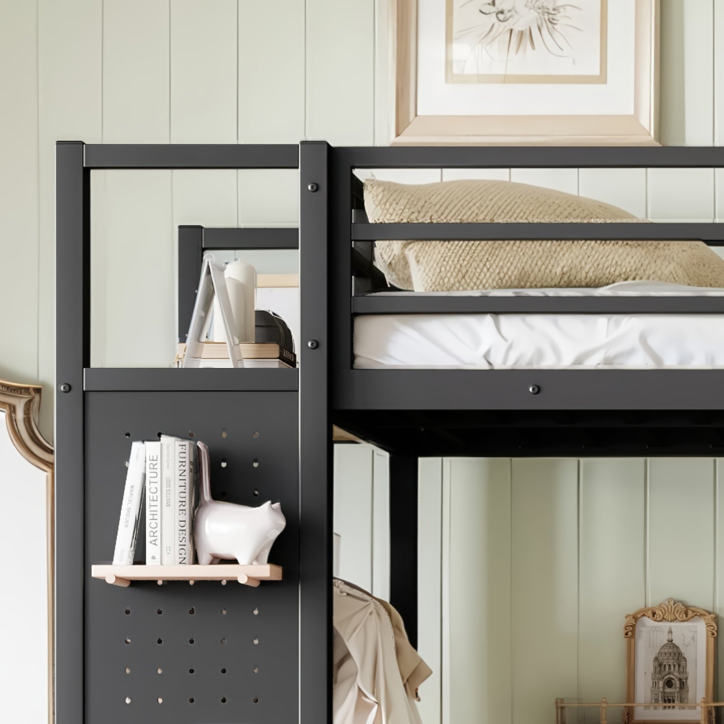 Twin XL size Loft Bed Frame with Wardrobe,Metal Loft Bed with Storage Shelves and Pegboard,Black image 4