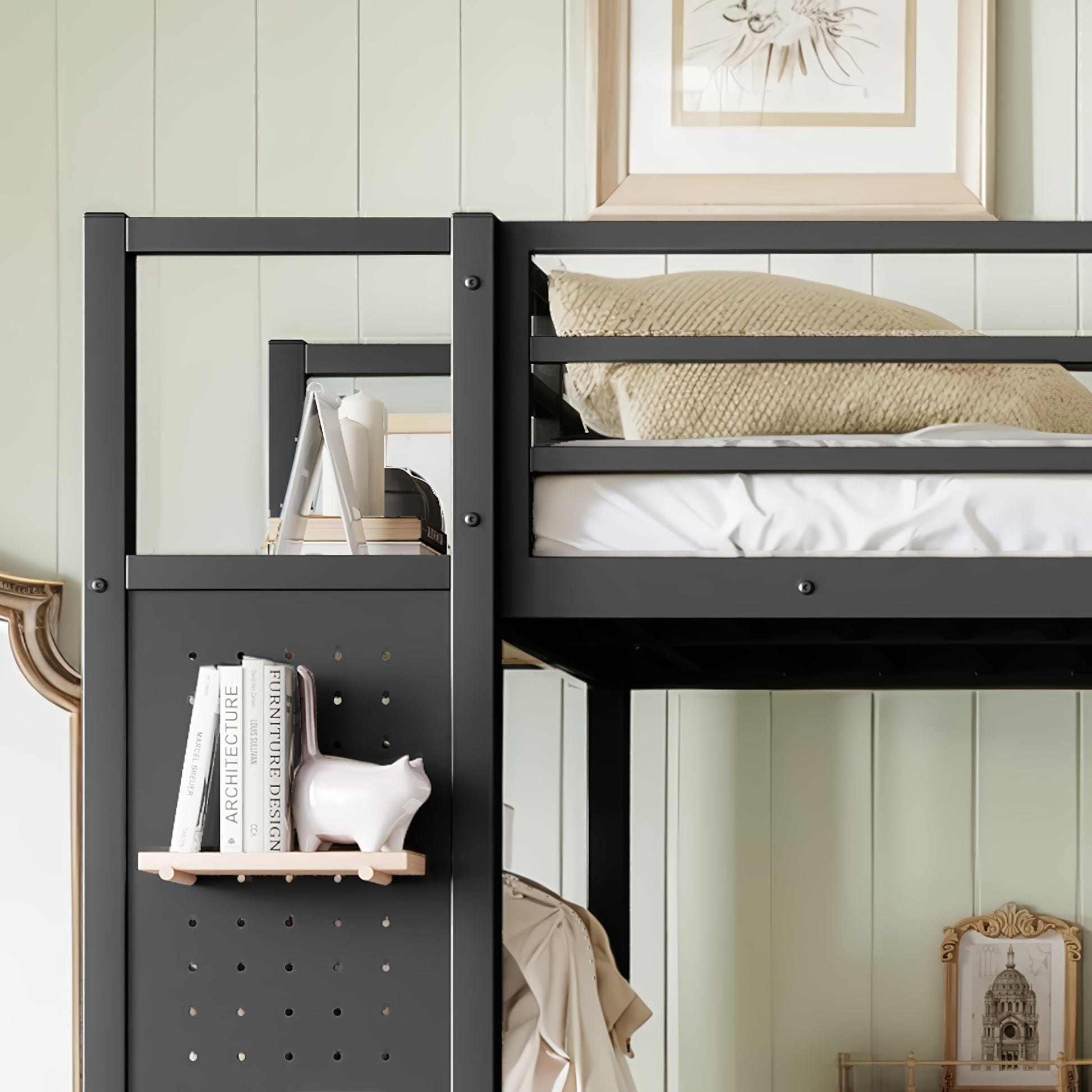 Twin XL size Loft Bed Frame with Wardrobe,Metal Loft Bed with Storage Shelves and Pegboard,Black image 4