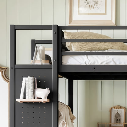 Twin XL size Loft Bed Frame with Wardrobe,Metal Loft Bed with Storage Shelves and Pegboard,Black image 4