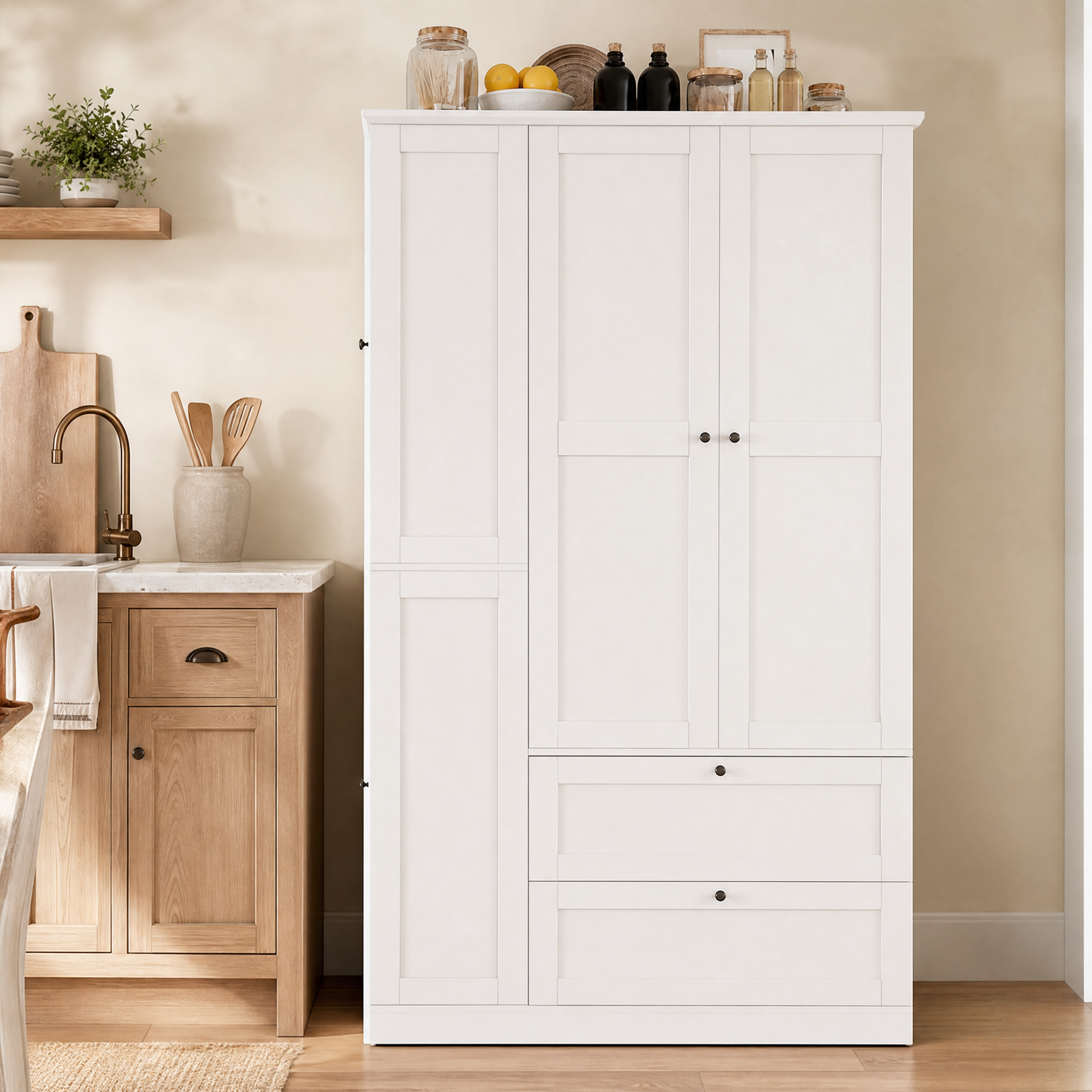 TOPMAX 73.6" Tall Farmhouse Kitchen Pantry Cabinet with 8 Shelves, 2 Drawers, 3 Pull-Out Trays, 4 Doors and Side Cabinets for Kitchen & Dining Room, White image 10