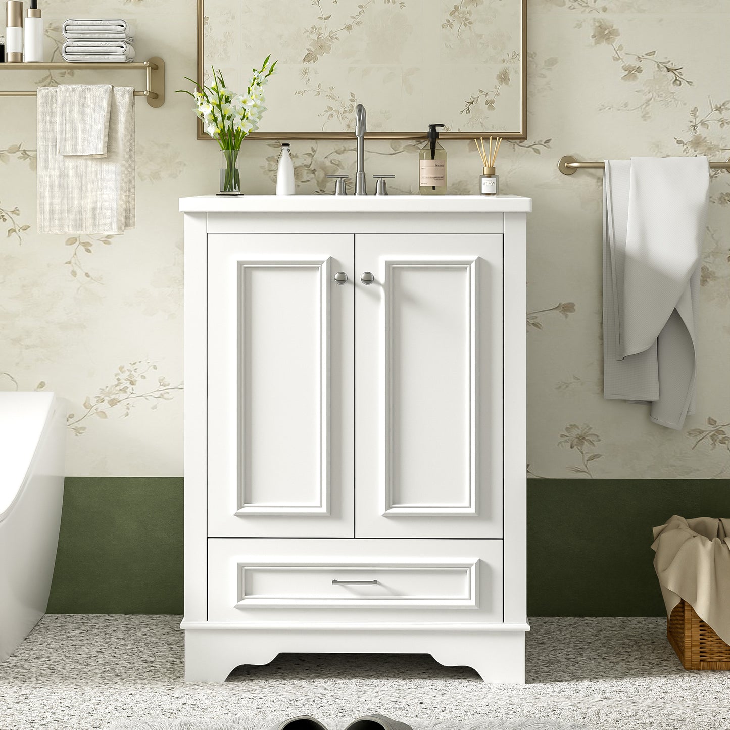 24'' Bathroom Vanity with Ceramic Sink Combo, Modern Freestanding Storage Cabinet with Silver Handles, Soft Closing Doors image 1