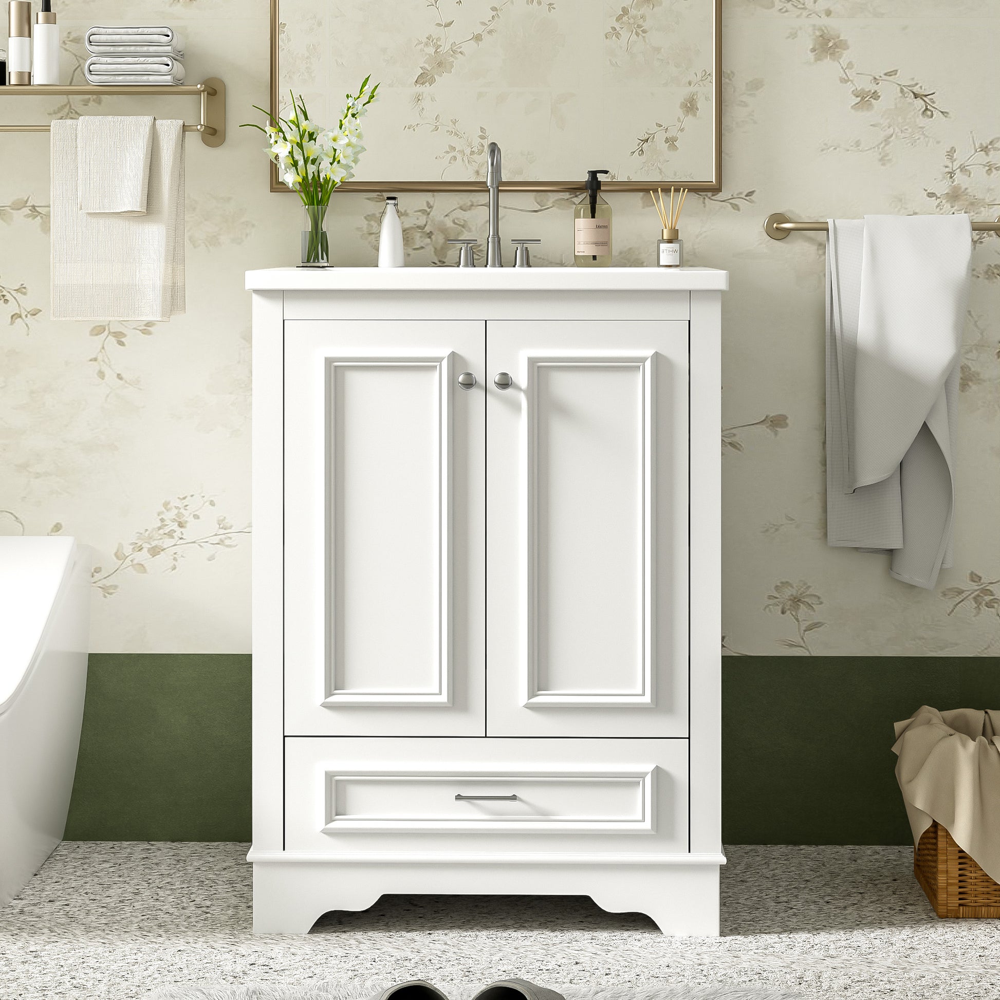 24'' Bathroom Vanity with Ceramic Sink Combo, Modern Freestanding Storage Cabinet with Silver Handles, Soft Closing Doors image 1