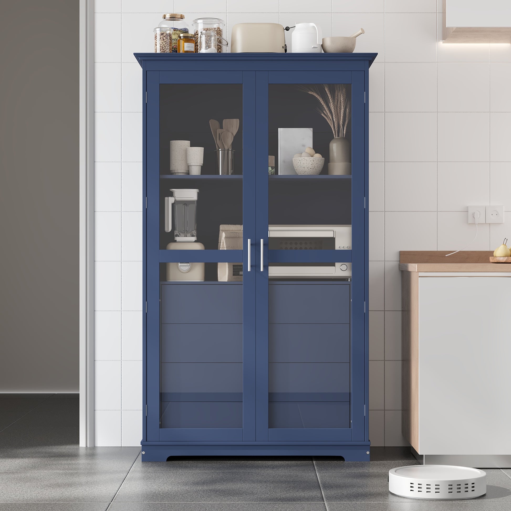 TOPMAX 44.7x20x75inch Kitchen Pantry, Freestanding Kitchen Storage Cabinet Display Cabinet with Glass Doors and 4 Built-in Drawers for Living Room, Home Office, Blue image 6