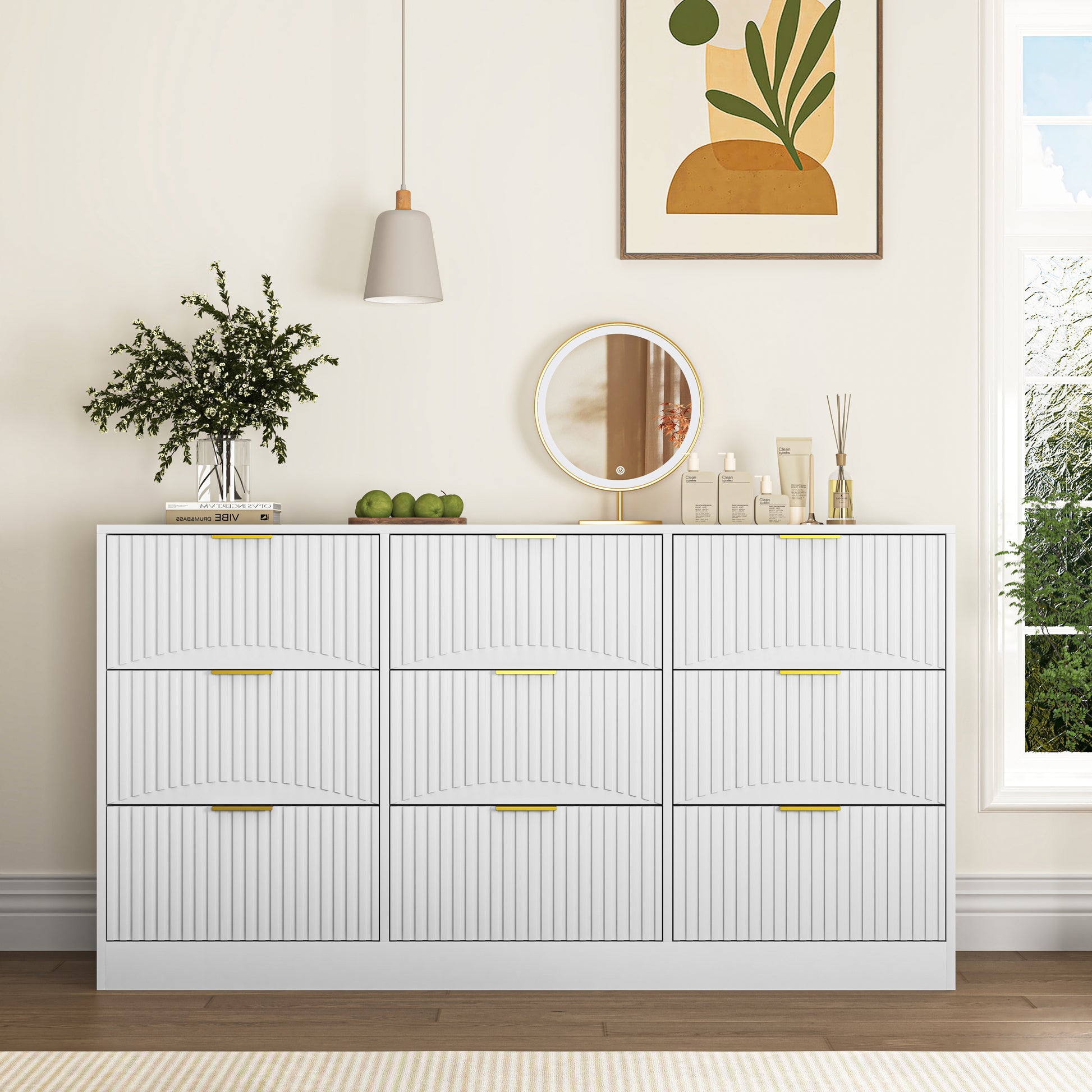White 9 Drawer Dresser, 63" Large Deep Chest of Drawers, Wooden Dresser Storage Cabinet with 9 Drawers for Bedroom, Long Dressers for Living Room, Hallway, Drawer panel with wavy patterns image 1
