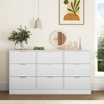 White 9 Drawer Dresser, 63" Large Deep Chest of Drawers, Wooden Dresser Storage Cabinet with 9 Drawers for Bedroom, Long Dressers for Living Room, Hallway, Drawer panel with wavy patterns image 1