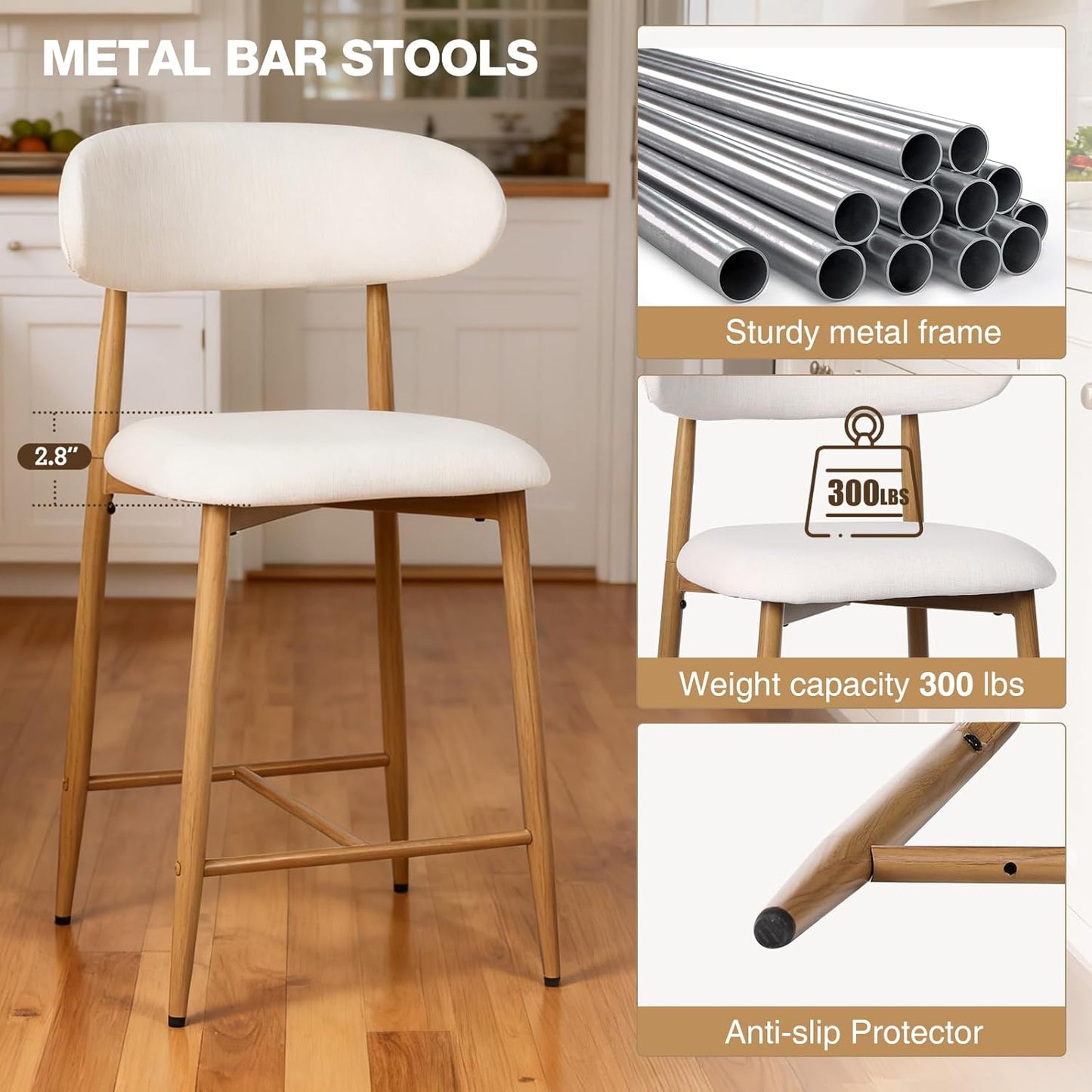 Counter Height Bar Stools Set of 2, Upholstered Counter Stools Modern Barstools with Metal Legs for Kitchen Island Dining Room, Beige image 10