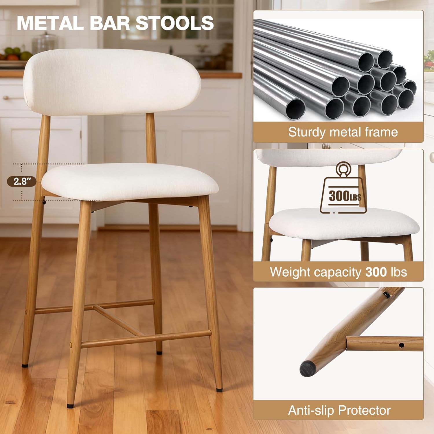 Counter Height Bar Stools Set of 2, Upholstered Counter Stools Modern Barstools with Metal Legs for Kitchen Island Dining Room, Beige image 10