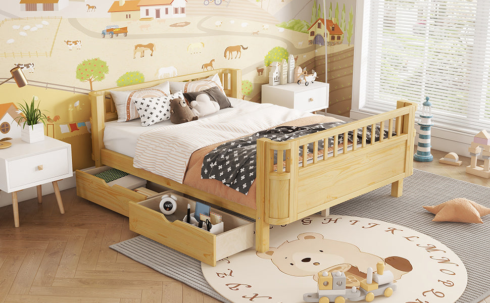 Full Size Wood Platform Bed for Kids, Wood Low Profile Full Bed with Rails for Girls and Boys, Natural (Old SKU W2593P331687) image 6