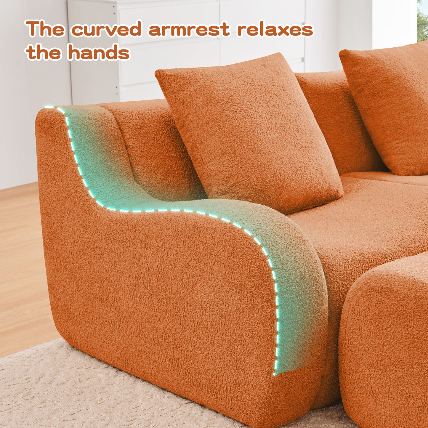L-Shaped Teddy Fabric 2-Seat Boneless Sofa,No Assembly Required Curved Armrest,Streamlined Design Ergonomic Design,32D High Density Sponge For Living Rooms Rest Areas Bedroom,Orange image 12