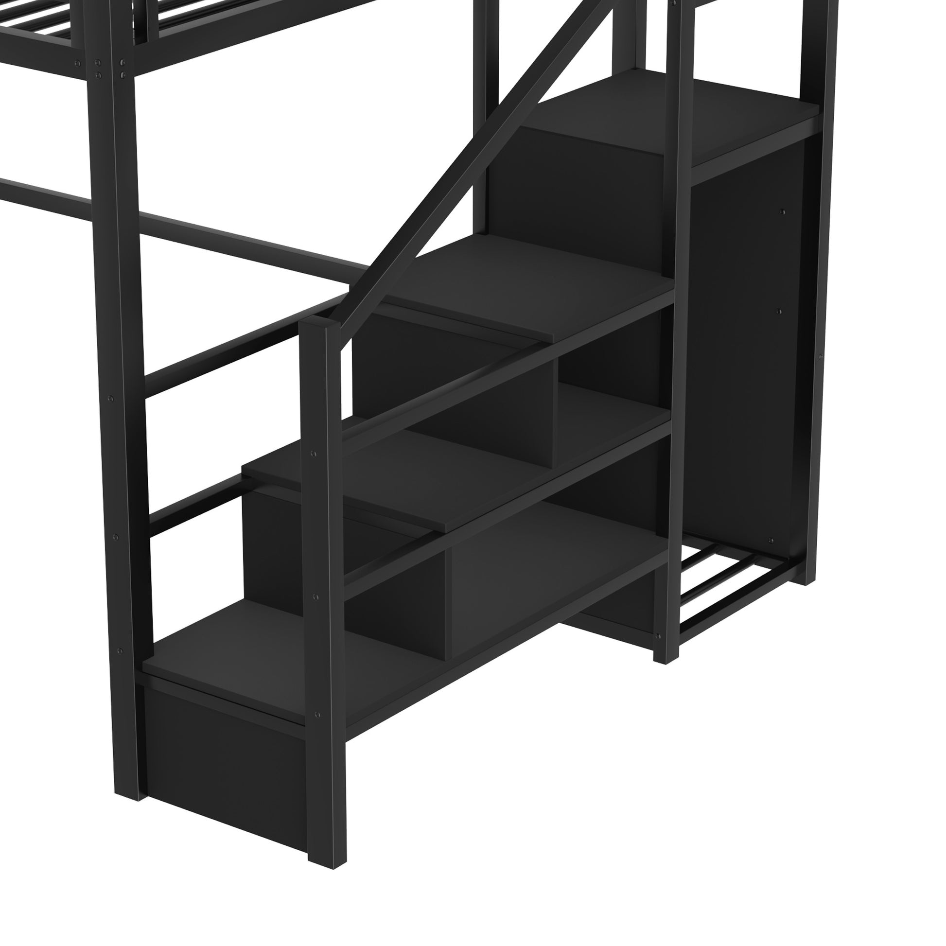 Queen Size Loft Bed with Stairs, Metal Queen Loft Bed with High and House Shaped Guardrails, High Loft Bed with Wardrobe for Kids Teens, black(Old SKU W2593S00061) image 12