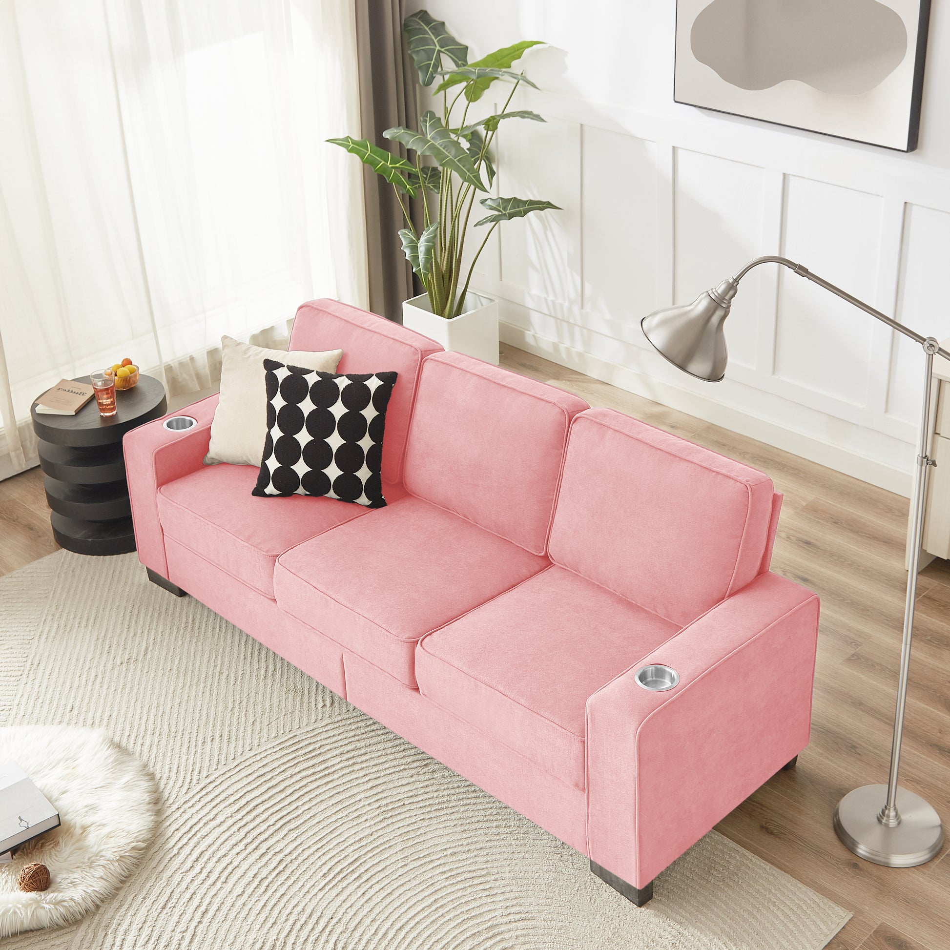 83.86"Snowfleece Fabric sofa,Modern Compressed Couch,3-Seater Sofa, Furniture for Living Room,Bedroom,office,Pink image 3