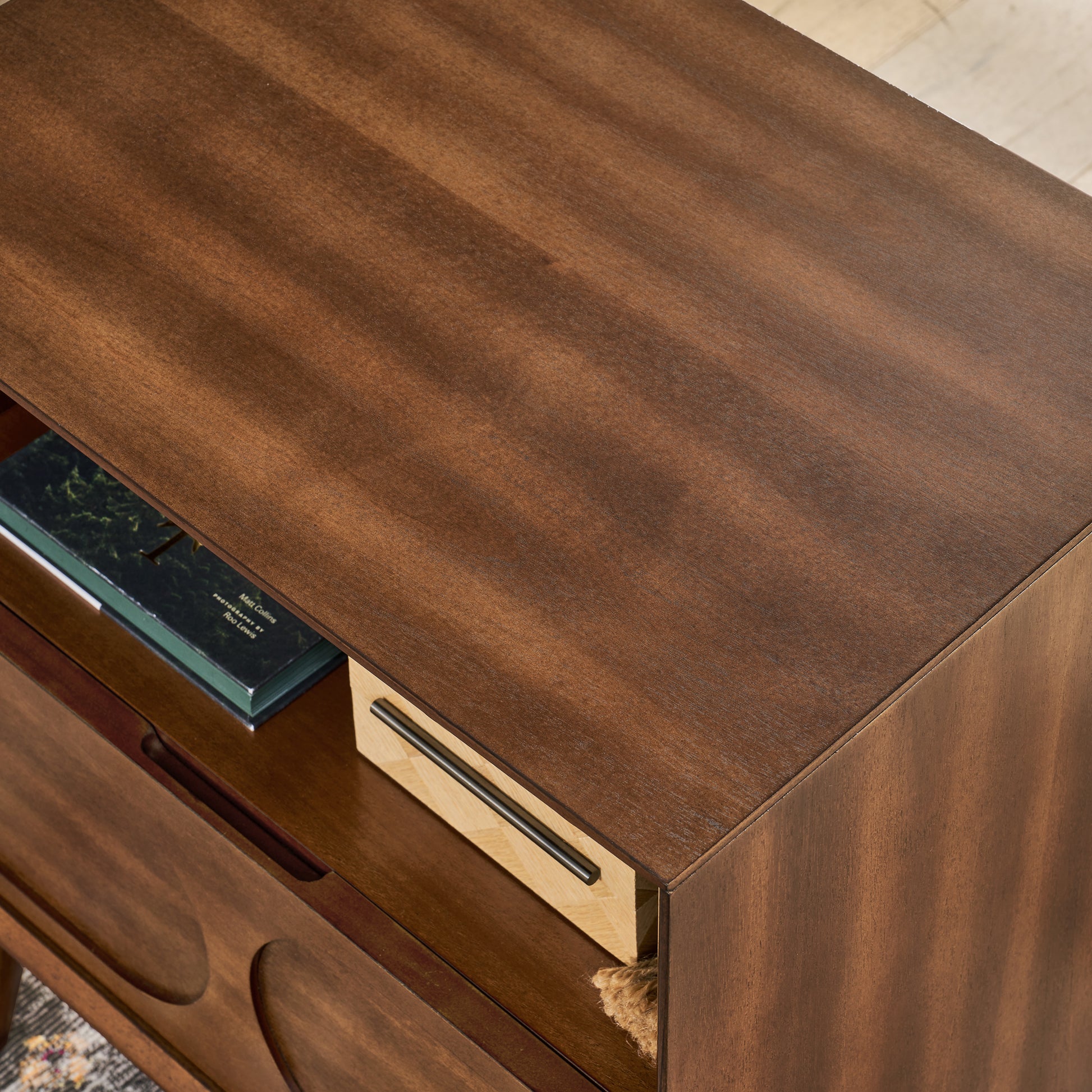 Mid Century Modern Fluted Nightstand with Charging Station USB Ports & Outlet Hole & 4 Solid Wood Legs, Farmhouse End Table with Open Space and Drawer Dresser, Walnut image 7