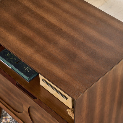 Mid Century Modern Fluted Nightstand with Charging Station USB Ports & Outlet Hole & 4 Solid Wood Legs, Farmhouse End Table with Open Space and Drawer Dresser, Walnut image 7