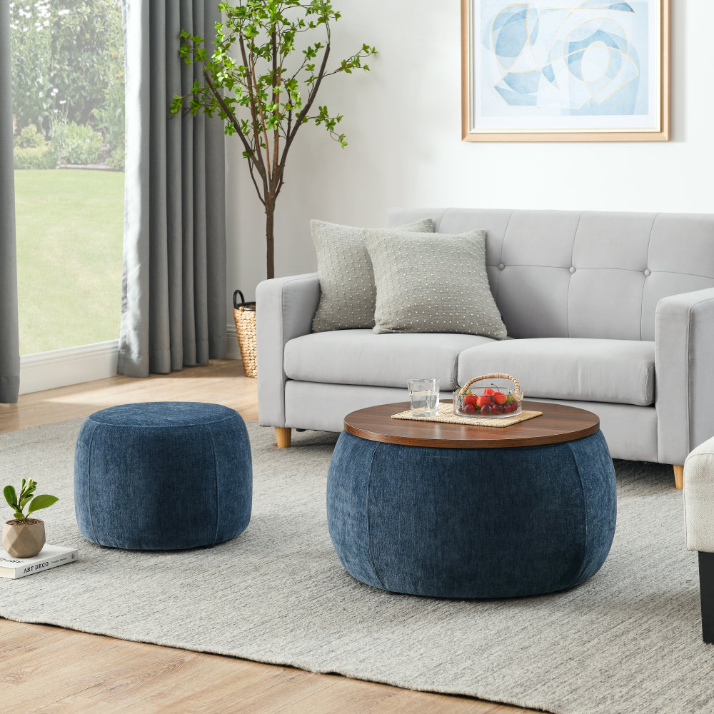 Round Storage Ottoman, 2 in 1 Function, Work as End table and Ottoman,with small seat,Light grey(25"x25"x14.7")