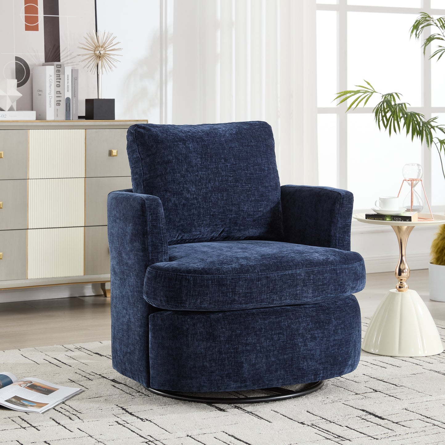 Vanity Chair,Swivel Accent Chair, 360 Degree Round Swivel Barrel Chair, Upholstered Comfy Swivel Chairs for Living Room,Accent Chairs for Bedroom, Reading Room,Powder Room,(Velvet, Blue) image 1