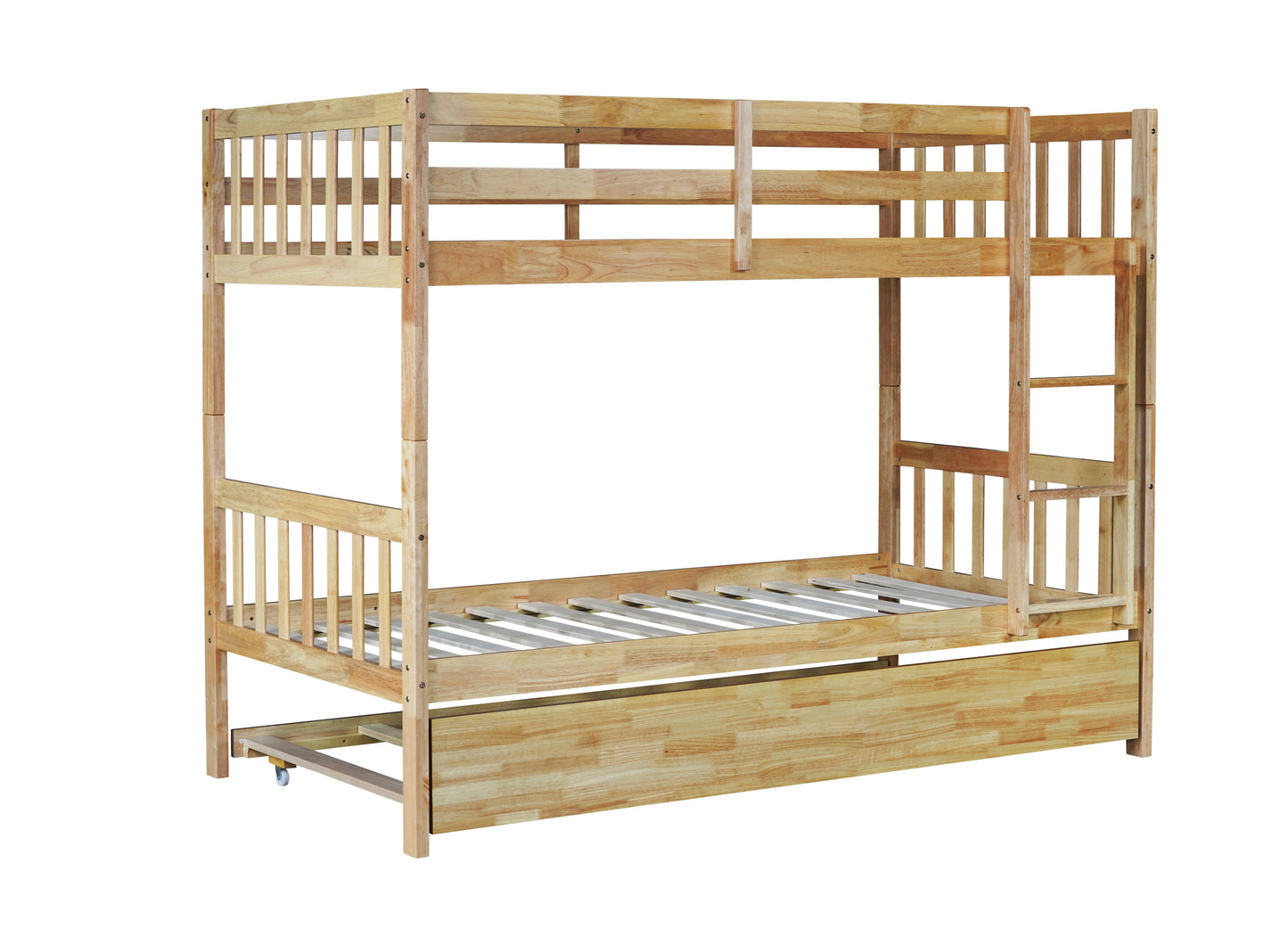 Twin Over Twin Rubber Wood Bunk Bed with Trundle, Convertible into 2 Twin Size Beds, Twin Size Bunk Bed with Ladder and Safety Guardrails,White Oak image 9