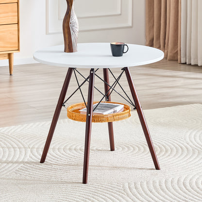 31.5-inch diameter circular dining table, white MDF vacuum formed tabletop, walnut solid wood legs, with suspended woven storage basket structure. A casual coffee table suitable for 2-4 people. image 1