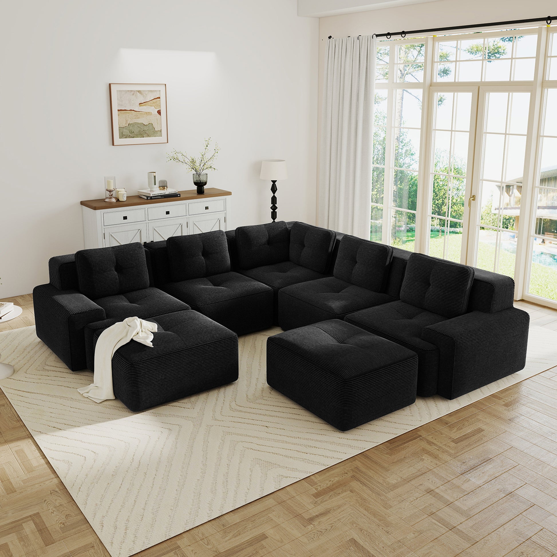 Modular Sectional Sofa with 5-Seater,V Shaped Corner Couch,Corduroy Fabric,2 Movable Ottomans, Deep Seat for Living Room, Pearl-like piping, Tufted Design, No Assembly, Anti-slip Design,Black image 1
