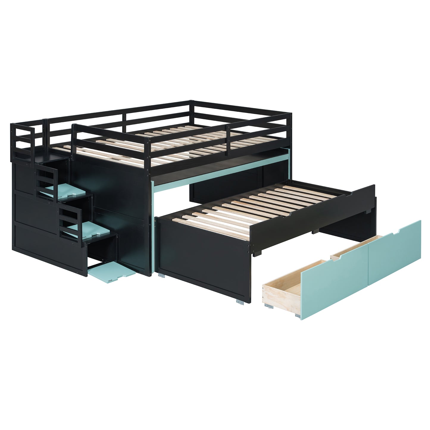 Full XL Loft Bed with Pull-Out Desk and Twin Trundle, Multi-Functional Bunk Bed with 2 Storage Drawers and Storage Steps, Space-Saving Gaming & Workstation Bedframe, Black+Blue image 7