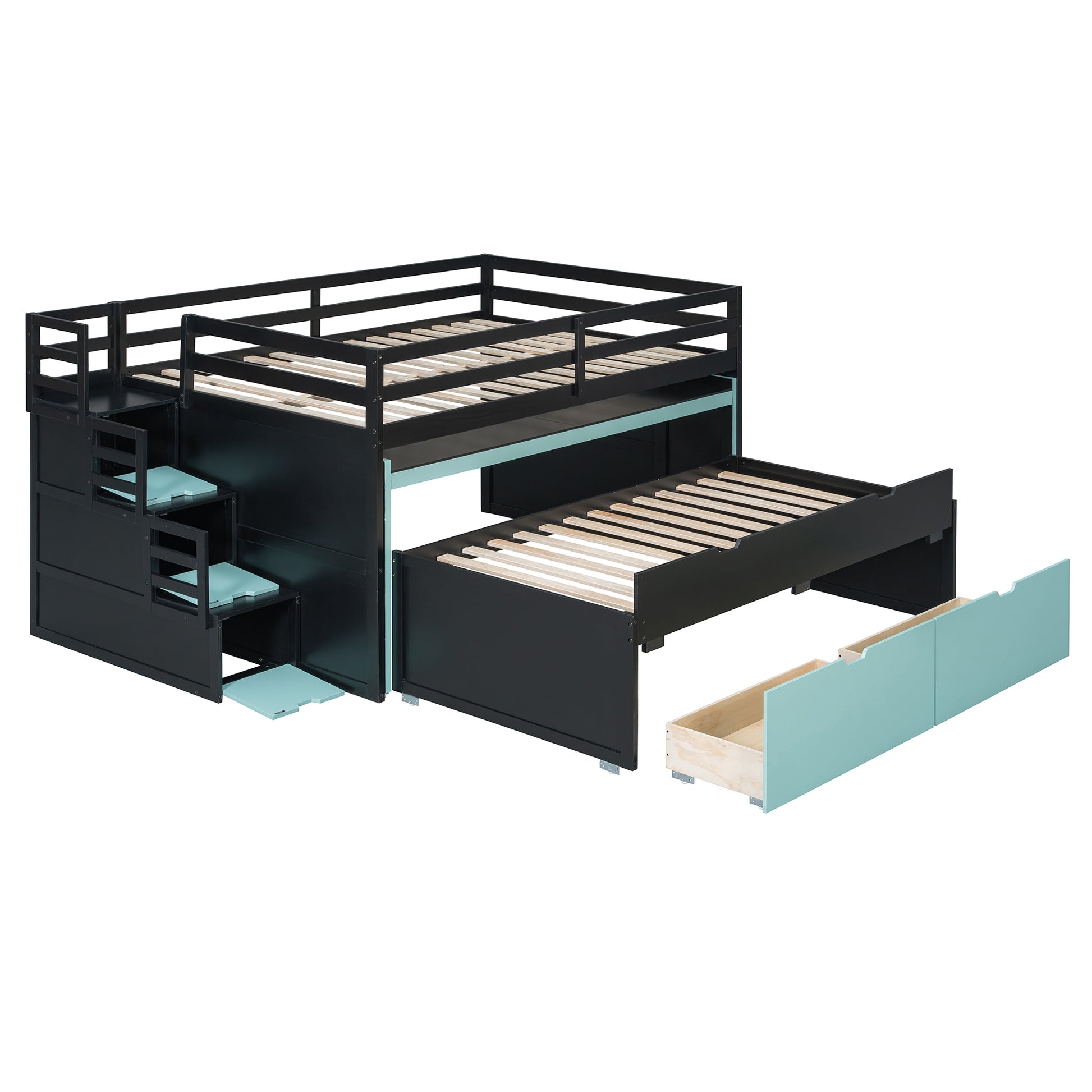 Full XL Loft Bed with Pull-Out Desk and Twin Trundle, Multi-Functional Bunk Bed with 2 Storage Drawers and Storage Steps, Space-Saving Gaming & Workstation Bedframe, Black+Blue image 7