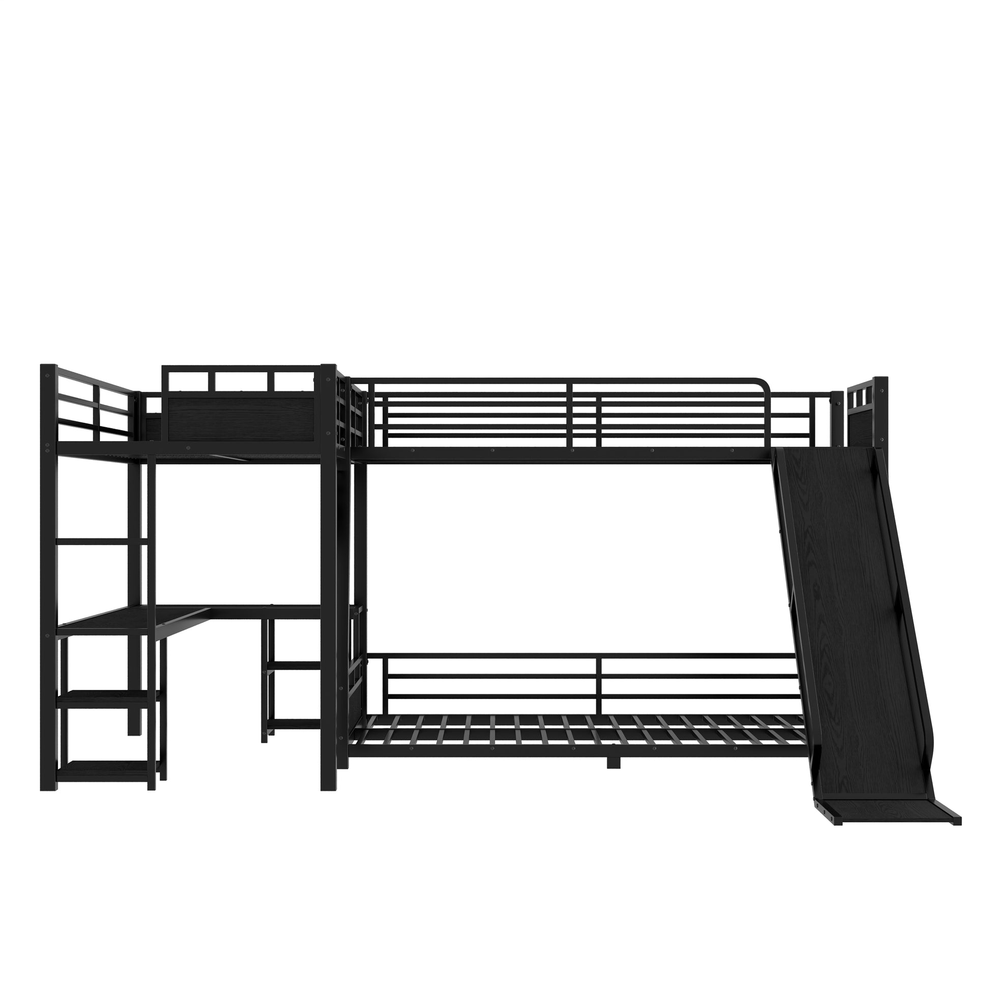 L-Shaped Metal Bunk Bed (Top bed:Full/FullXL, bottom bed: Queen) with Twin XL Loft Bed, Desk, and Storage Shelves,USB Charging Port Included - Metal Triple Bunk Bed with Slide,Black image 7