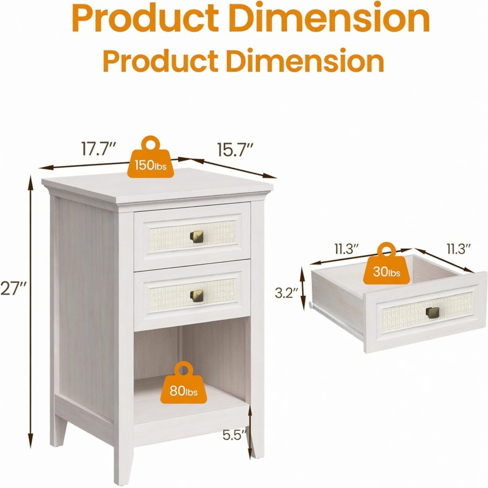 Set of 2 - 17.7" Wide White Rattan Nightstand w/ 2 Drawers - Boho 27" Tall Bedside Table for Small Spaces & Bedroom image 10
