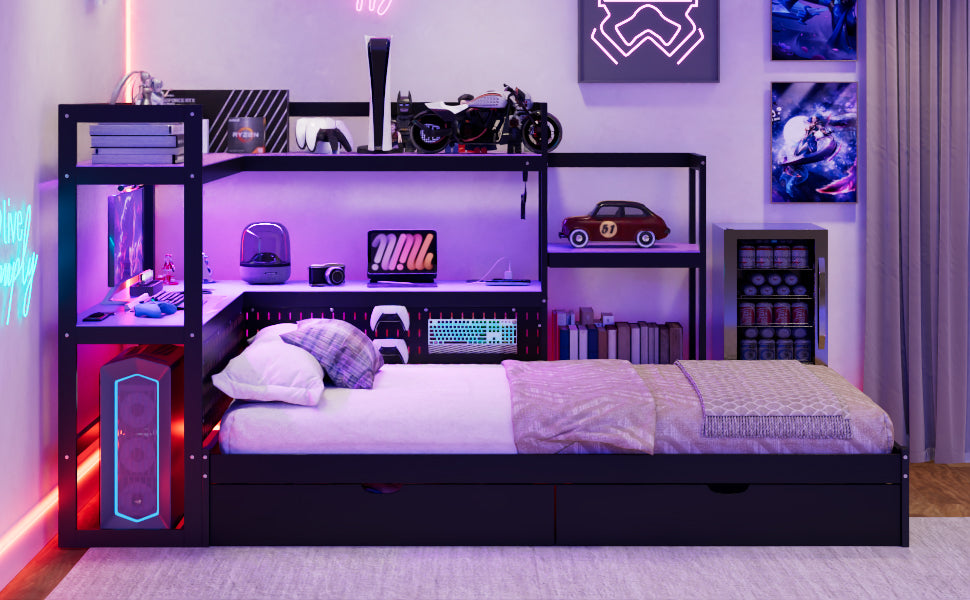 Twin Size Gaming Daybed with Integrated Desk and LED Light, Modern Wooden Bed Frame with 3 Storage Drawers and Built-in Charging Station, Multi-Functional Headboard Bookcase, Black+Purple image 12