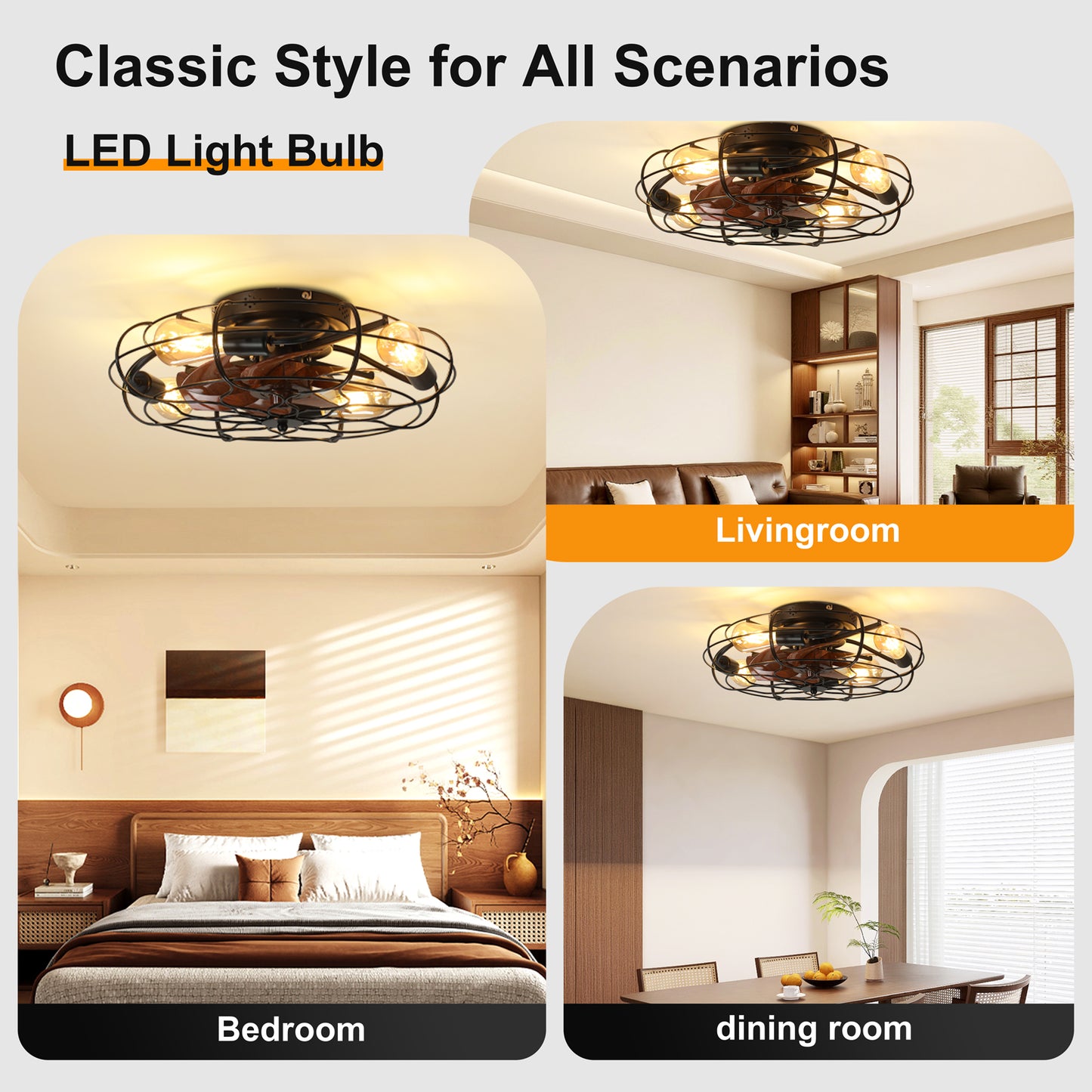 19.7" Industrial Caged Ceiling Fan with Light, 6-Speed Reversible DC Motor, E26 Bulb Base, Remote Control, Timer, Low Noise <30dB, Farmhouse/Industrial Decor for Bedroom/Living Room Kitchen image 6