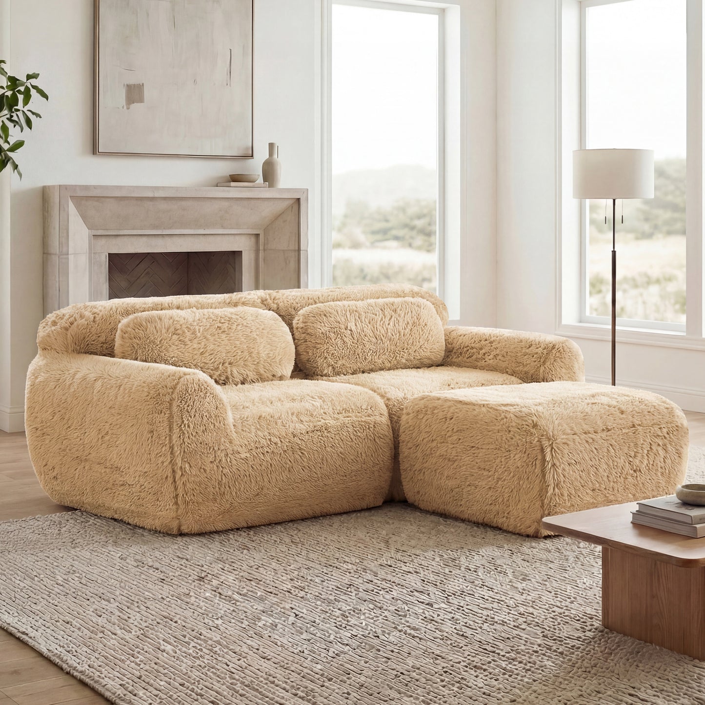 L-shaped Boneless Sofa,Soft Fluffy Plush Fabric,With Chaise 32D High Density Sponge,No Assembly Required,Ergonomic Design Bottom Anti-Slip Design,With Throw Pillows,Fits Bedrooms,Light Khaki image 3