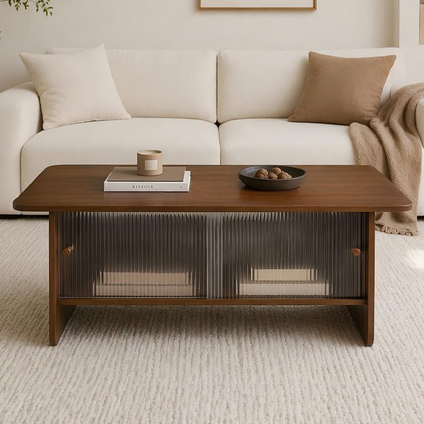 47" Coffee Table With Storage, Rectangular Mid-Century Retro Center Table, Fluted Glass Sliding Doors For Living Room Bedroom Guest Room, Walnut. image 1