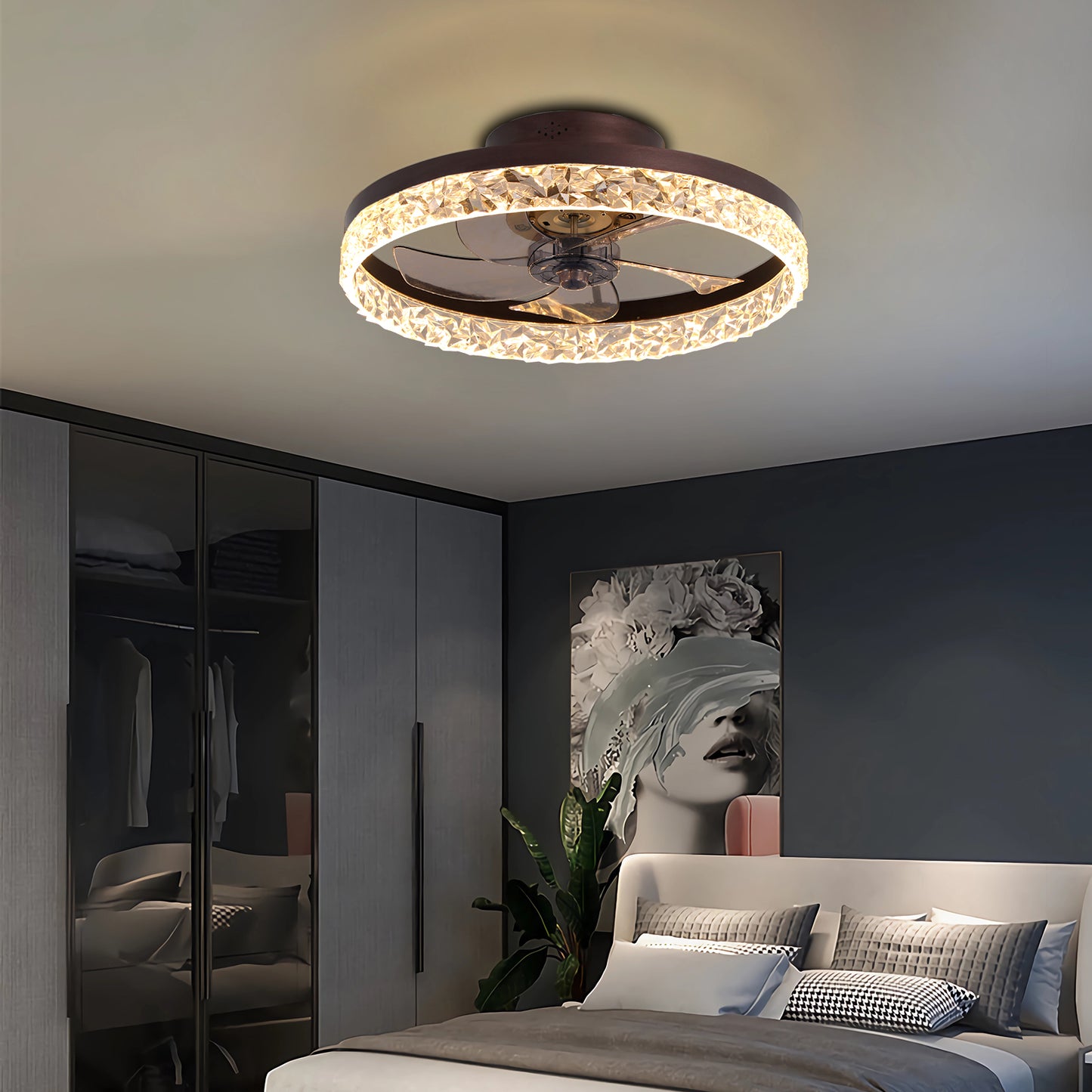 19.7" Ceiling Fans with Lights, Low Profile Ceiling Fan and Remote, Flush Mount Ceiling Fans, Stepless Dimmable LED Light, Brown Fixtures for Bedroom, Living Room image 5
